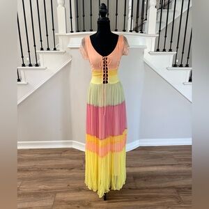 💐💗$298 Anthropologie Area Stars Rainbow Chiffon Maxi Dress XS Boho💗💐